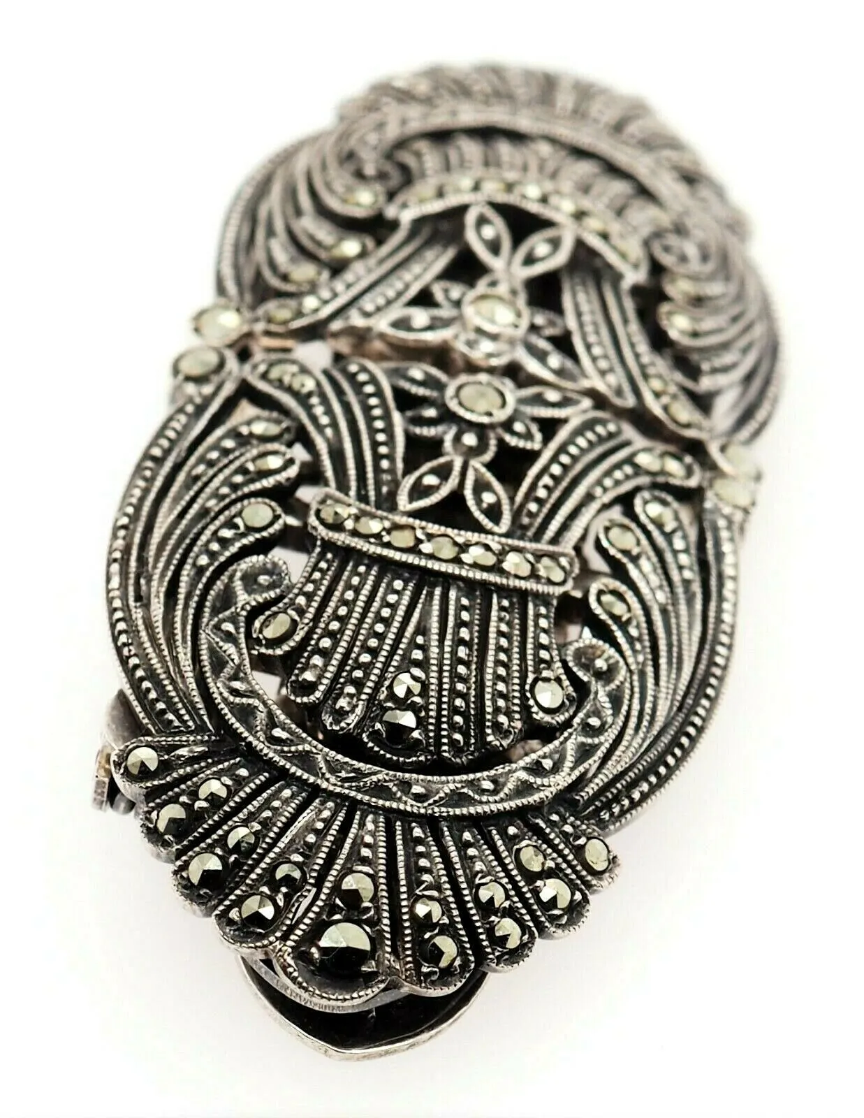 925 Sterling Silver & Marcasite Brooch/Pin/Dress Clip