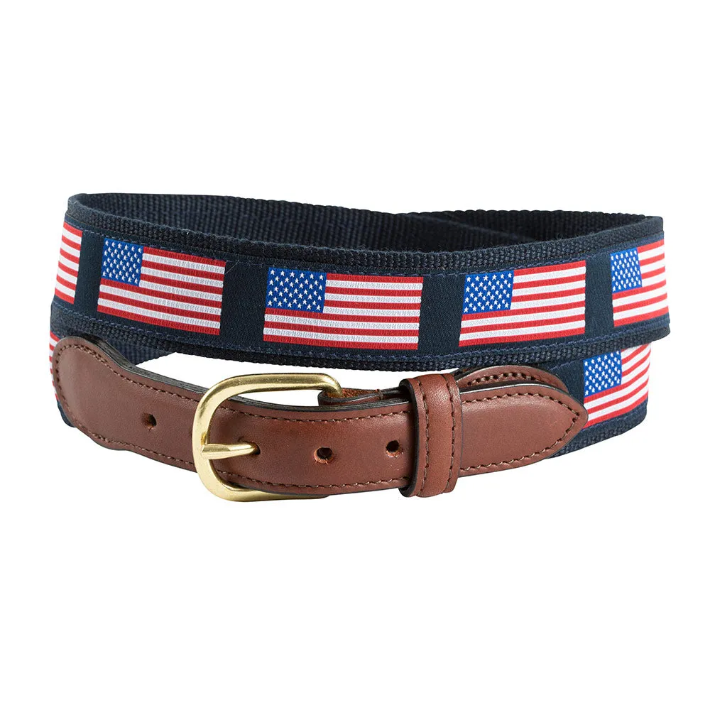 American Flag on Navy Motif Leather Tab Belt