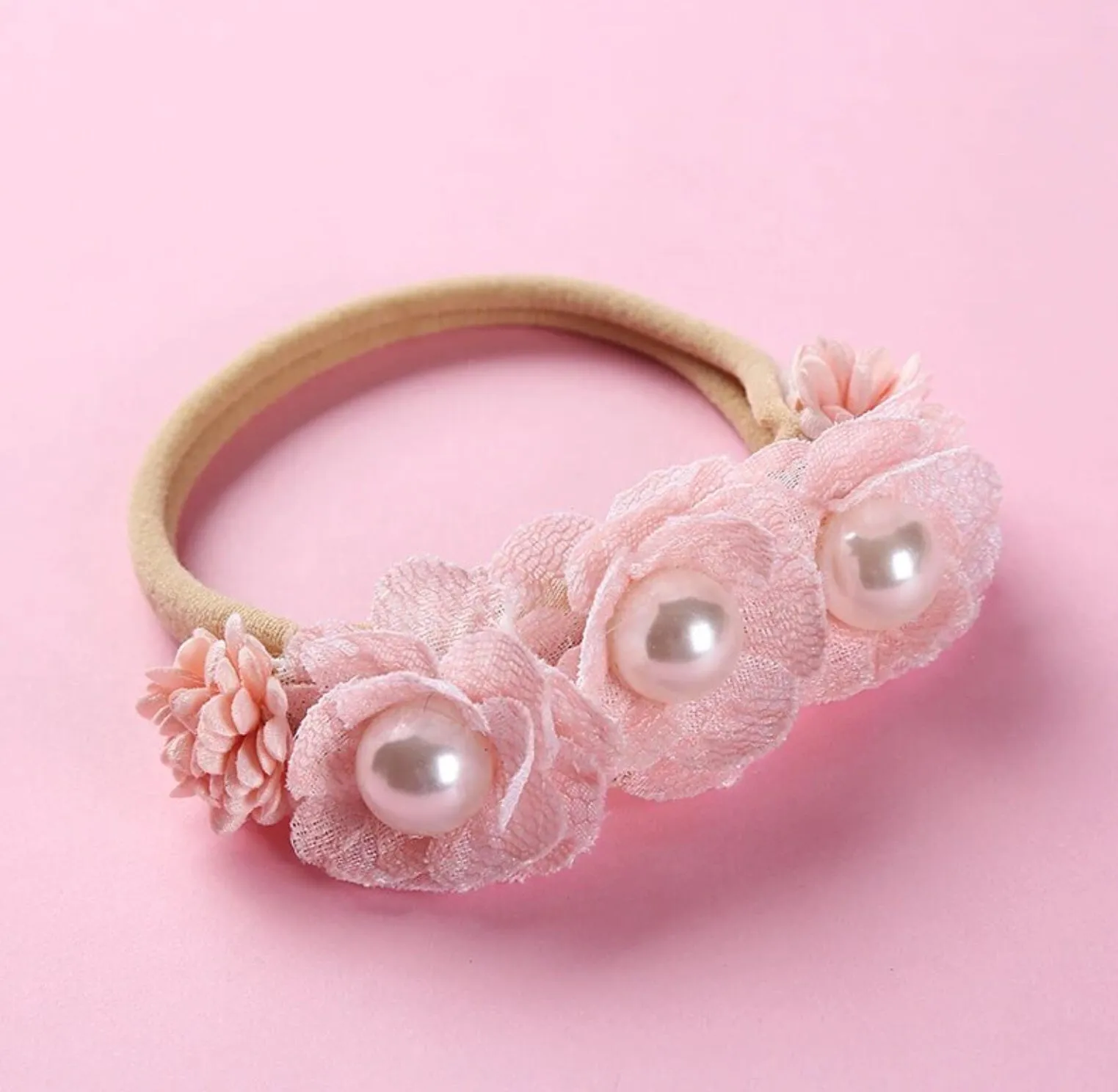 Baby Headband, Girls Pink Floral Nylon Headband