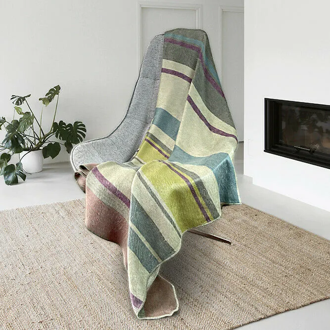 Biblian - Baby Alpaca Wool Throw Blanket / Sofa Cover - Queen 96" x 67" - striped cream/pistachio/turquoise/grey