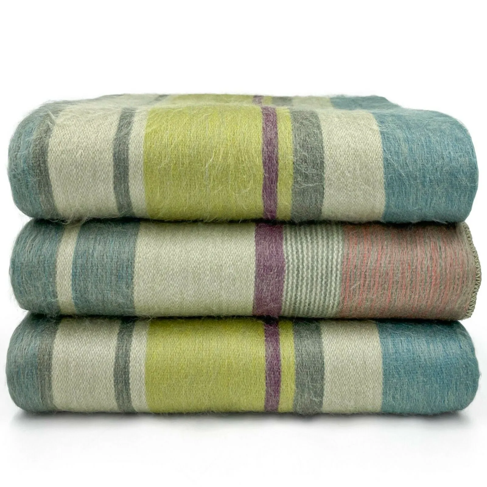 Biblian - Baby Alpaca Wool Throw Blanket / Sofa Cover - Queen 96" x 67" - striped cream/pistachio/turquoise/grey