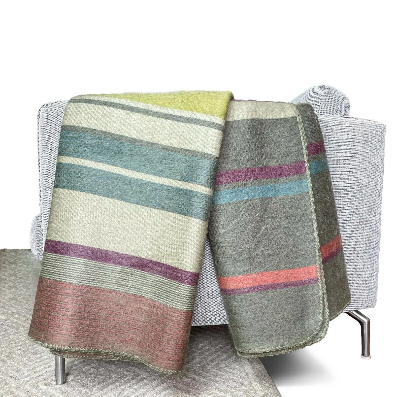 Biblian - Baby Alpaca Wool Throw Blanket / Sofa Cover - Queen 96" x 67" - striped cream/pistachio/turquoise/grey