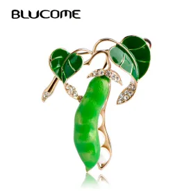 Blucome Enamel Green Pea Brooches For Women Gold-color Crystal Simulated Pearls Corsages Men Kids Sweater Suit Accessories Pins