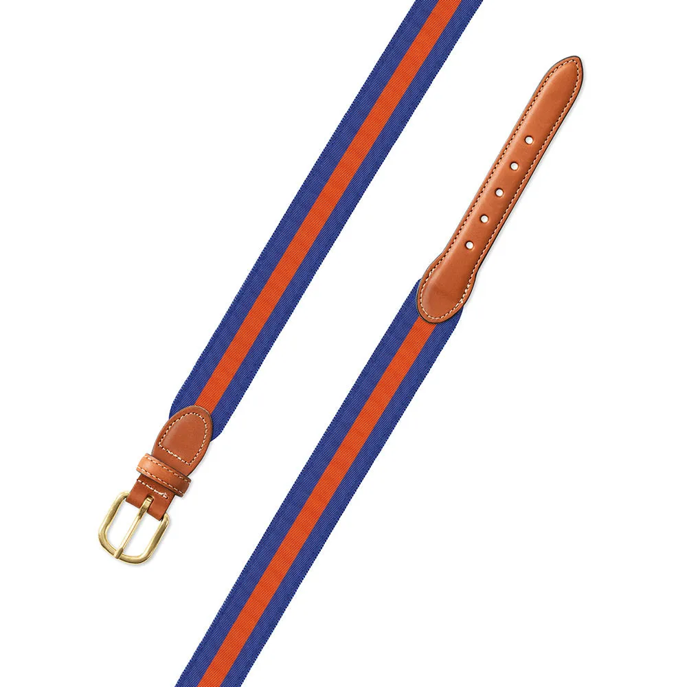 Blue & Orange Grosgrain Ribbon Leather Tab Belt