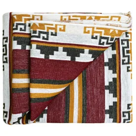 Capirona - Heavy and Thick Extra Large Llama wool artisanal handwoven Blanket - Burgundy/Mustard - Aztec Pattern