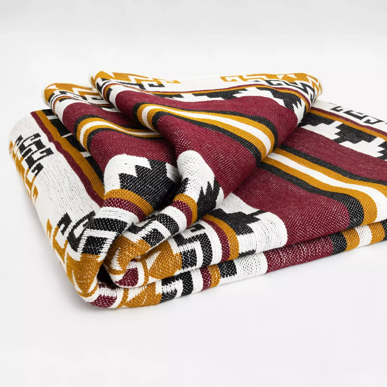 Capirona - Heavy and Thick Extra Large Llama wool artisanal handwoven Blanket - Burgundy/Mustard - Aztec Pattern