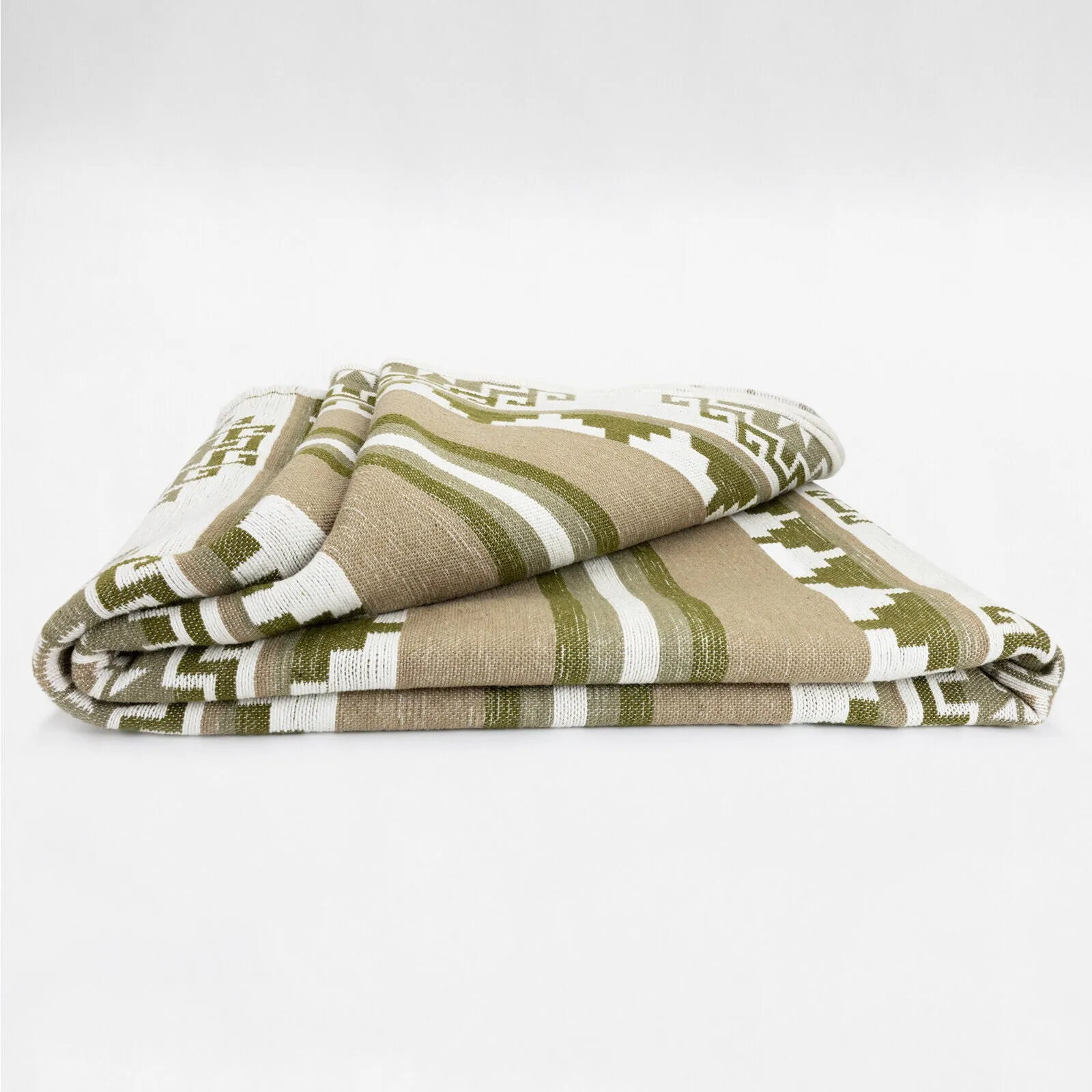 Dayuma - Heavy and Thick Extra Large Llama wool artisanal handwoven Blanket - Cream/Sage - Aztec Pattern