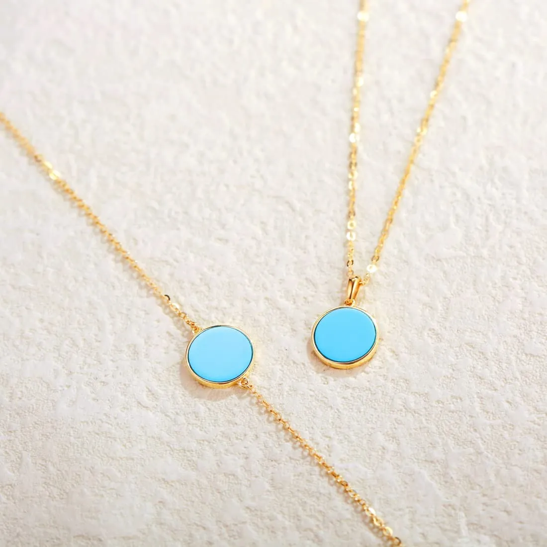 FANCIME Created Blue Turquoise Round 14K Real Yellow Gold Necklace