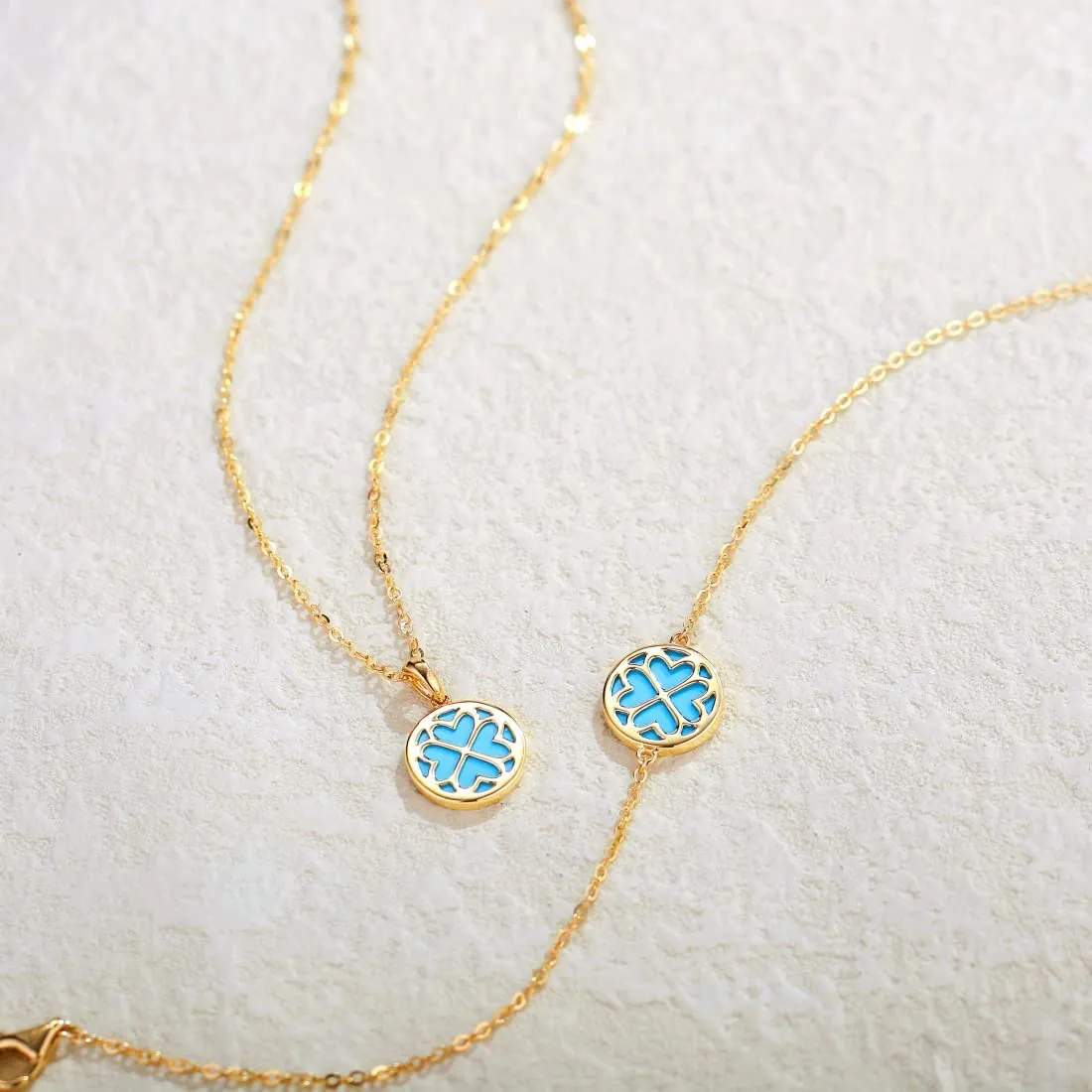 FANCIME Created Blue Turquoise Round 14K Real Yellow Gold Necklace