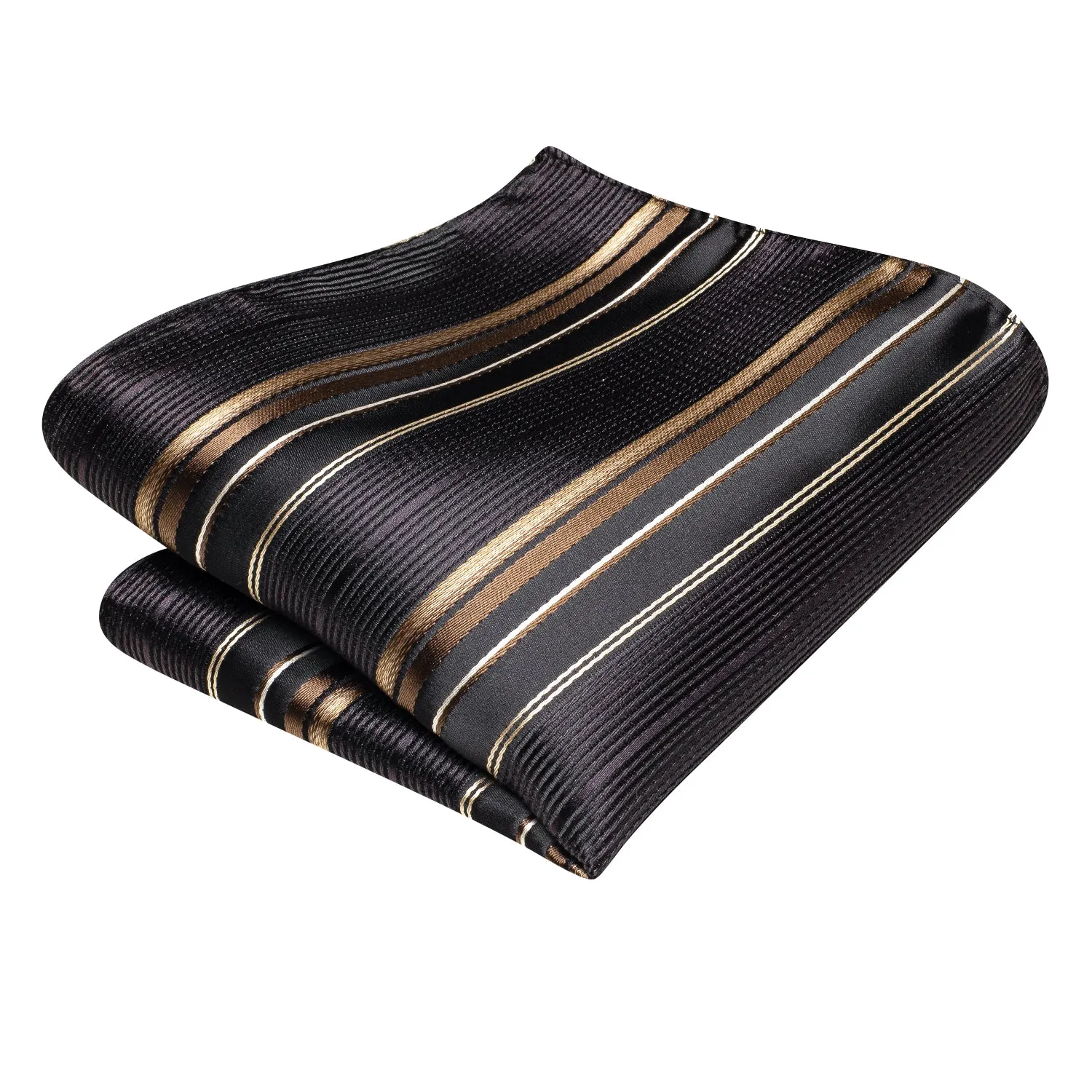 Hi-Tie Black Tie Brown Striped Silk Tie Pocket Square Cufflinks Set