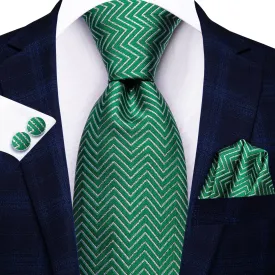 Hi-Tie Christmas Green White Men's Tie Pocket Square Cufflinks Set