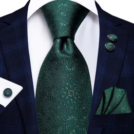 Hi-Tie Dark Green Floral Men's 63 Inch Tie Pocket Square Cufflinks Set