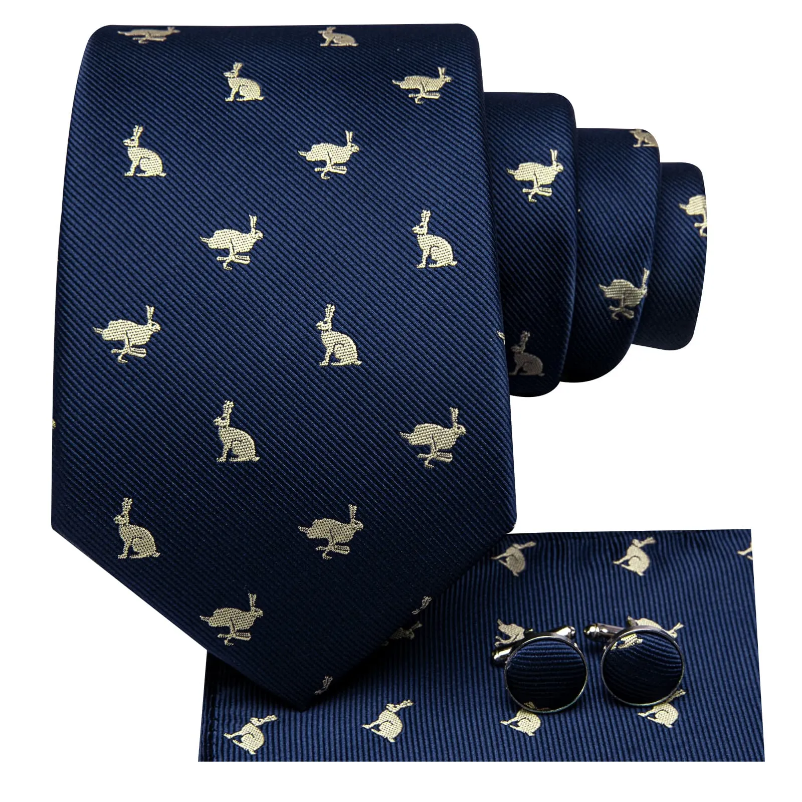 Hi-Tie Deep Blue Novelty Rabbits Pattern Silk Mens Tie Pocket Square Cufflinks Set