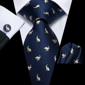 Hi-Tie Deep Blue Novelty Rabbits Pattern Silk Mens Tie Pocket Square Cufflinks Set