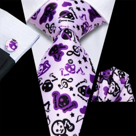 Hi-Tie Halloween Purple Note Skull Necktie Pocket Square Cufflinks Set