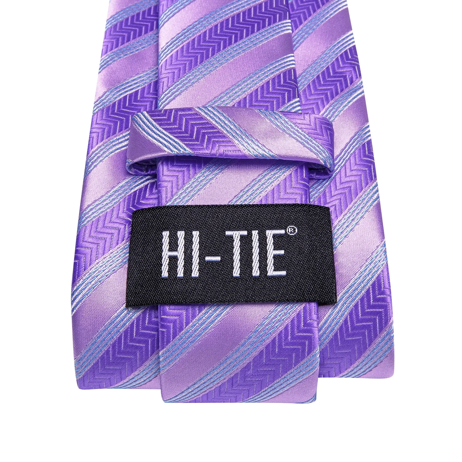 Hi-Tie Lavendar Purple Blue Striped Tie Pocket Square Cufflinks Set