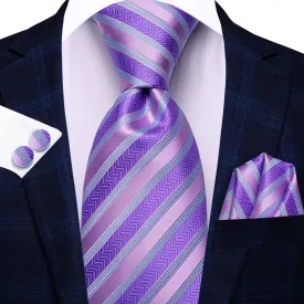 Hi-Tie Lavendar Purple Blue Striped Tie Pocket Square Cufflinks Set