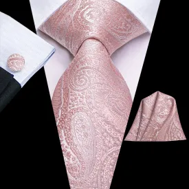 Hi-Tie Light Pink Paisley Silk Men Necktie Pocket Square Cufflinks Set