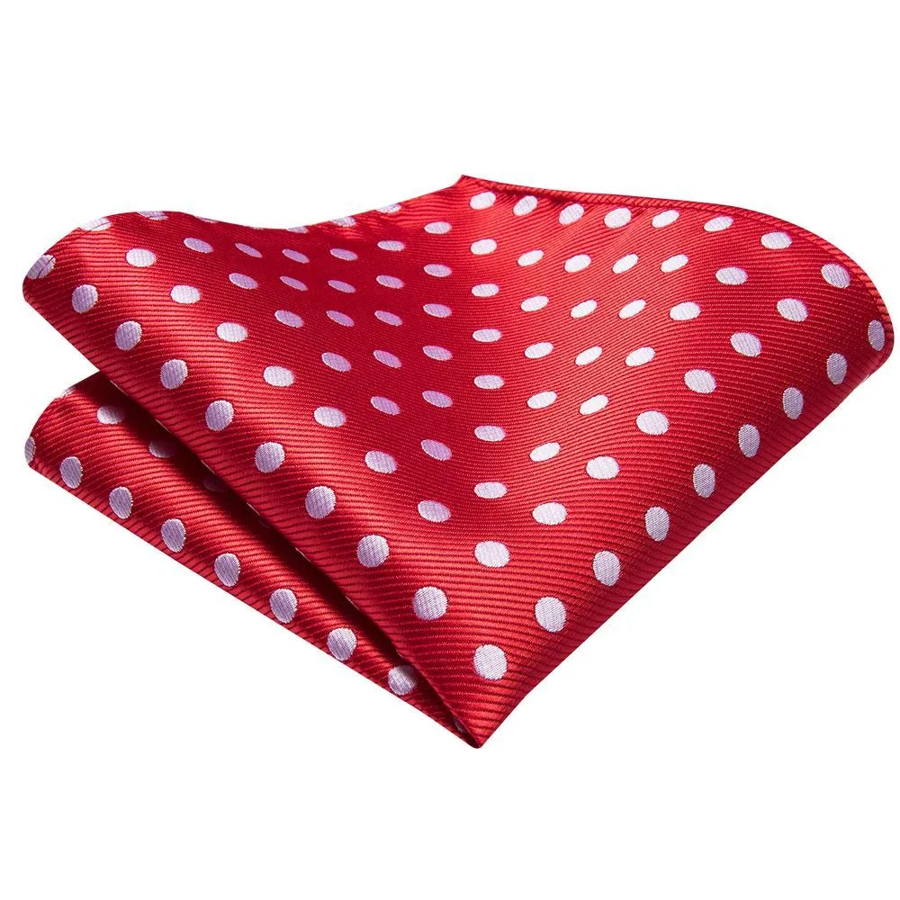 Hi-Tie Red Pocket Square White Polka Dots Wedding Pocket Handkerchief