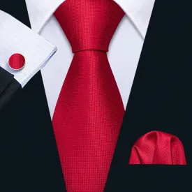 Hi-Tie Solid Red Necktie Pocket Square Cufflinks Set for Men