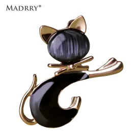 Madrry Alloy Metal Black Cat Brooches for Women Enamel Craft Opal Stone Hat Accessories Scarf Clips Gold Color Cute Jewelry