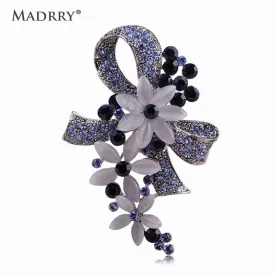 Madrry Pretty Elegant Antique Silver Color Flower Brooches with Opal Full Crystals Broches Scarf Pin Accessories Bouquet Wedding