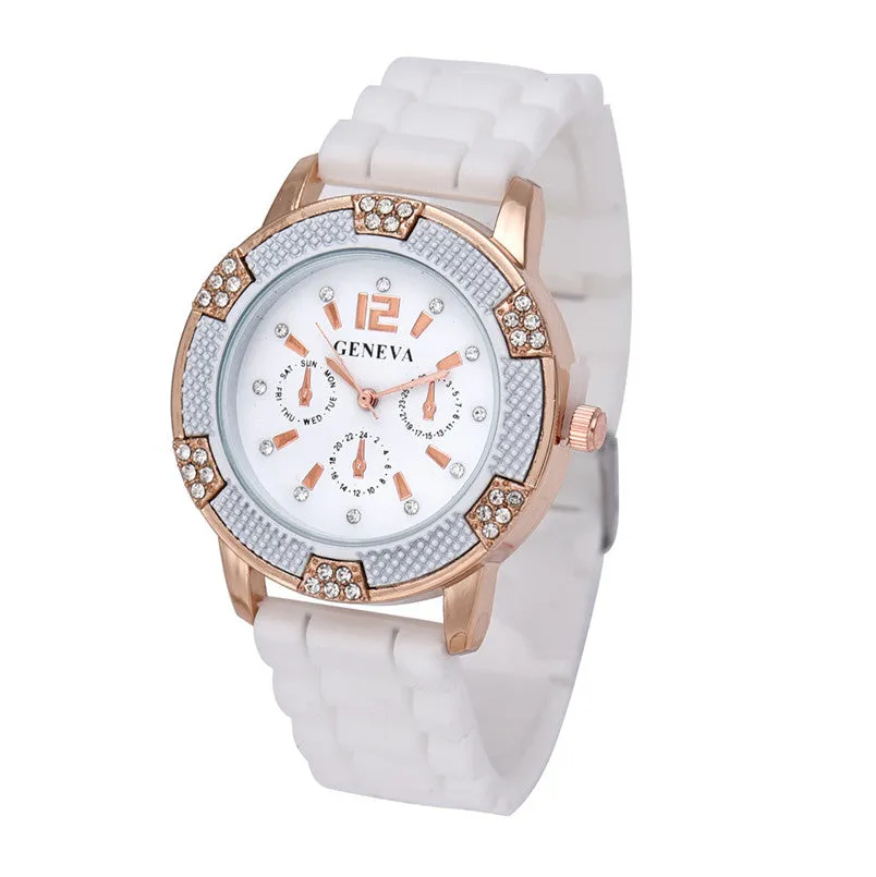 Novel design Luxury Women's White Rose Gold Chronograph Silicone with Crystal Rhinestones watches Relogio N10 Dropshipping