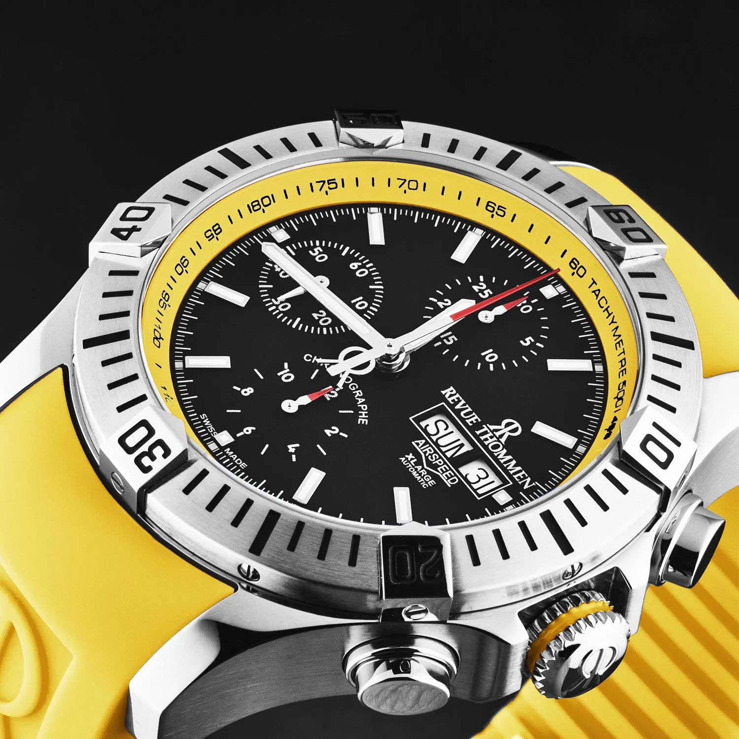 Revue Thommen Men's 'Air speed' Black Dial Yellow Rubber Strap Automatic Watch 16071.6638