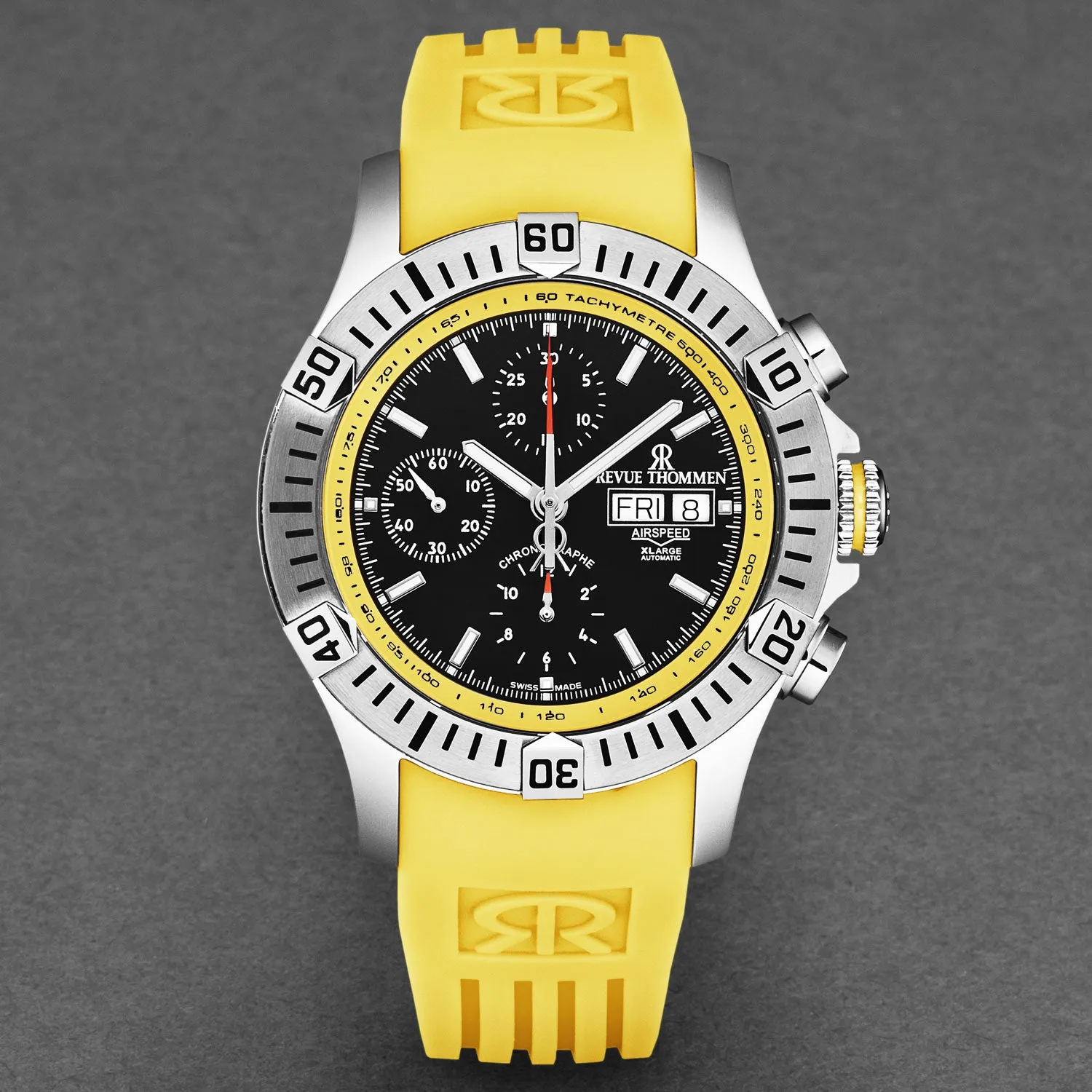 Revue Thommen Men's 'Air speed' Black Dial Yellow Rubber Strap Automatic Watch 16071.6638