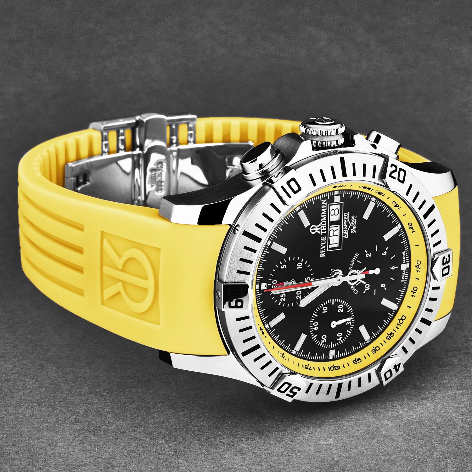 Revue Thommen Men's 'Air speed' Black Dial Yellow Rubber Strap Automatic Watch 16071.6638