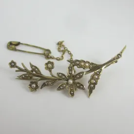 Seed Pearl in 9k Gold Flower Brooch Pin Antique Victorian c1880