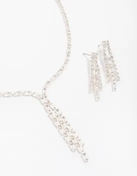 Silver Cubic Zirconia Cup Chain Tassel Earring & Necklace Set