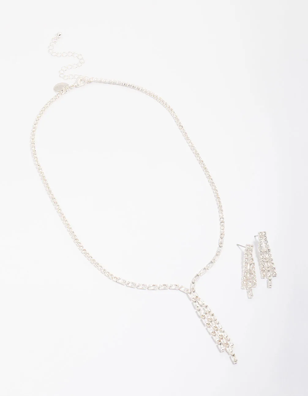 Silver Cubic Zirconia Cup Chain Tassel Earring & Necklace Set