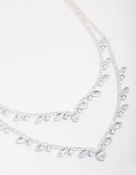 Silver Cubic Zirconia Double Layer Pear Stone Necklace