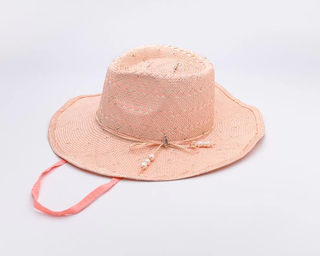 SUN-KISSED, Handwoven Entwined Fine Paper and Ramie Hat with Six Genuine Freshwater Pearls - BLUSH